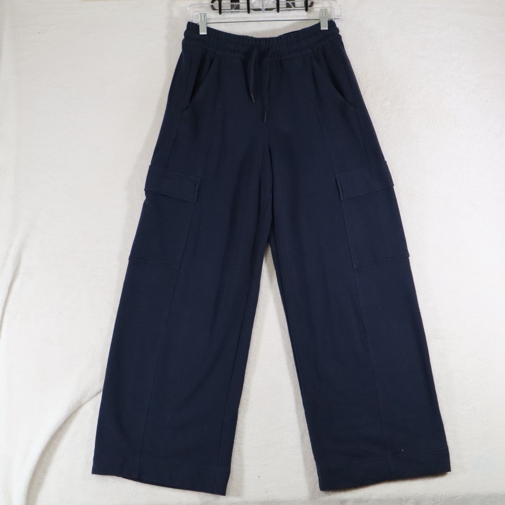 Athleta Womens XS Navy Wide Leg Cargo Sweatpants Terry Cloth Drawstring